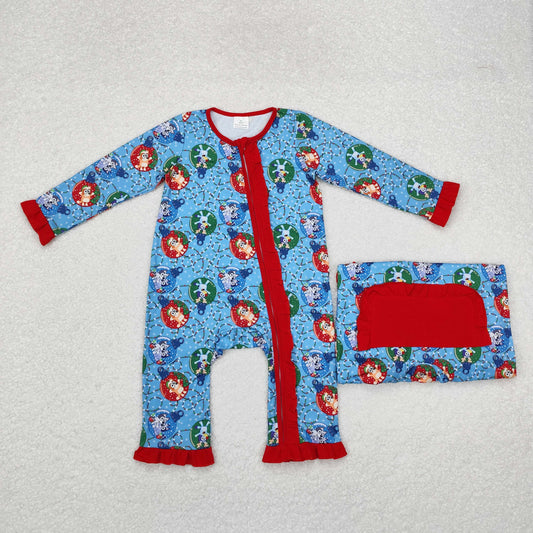 rts no moq LR1314 bluey Christmas lantern lace red and blue zipper long-sleeved jumpsuit