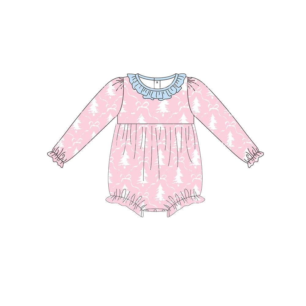 no moq sales LR1323 baby girls clothes Christmas trees pink long Sleeve Romper-2024.7.19