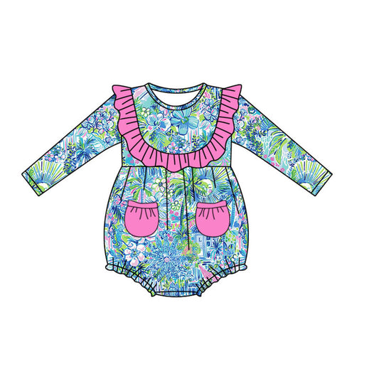 no moq sales LR1338 baby girls clothes blue pattern long Sleeve Romper-2024.7.23