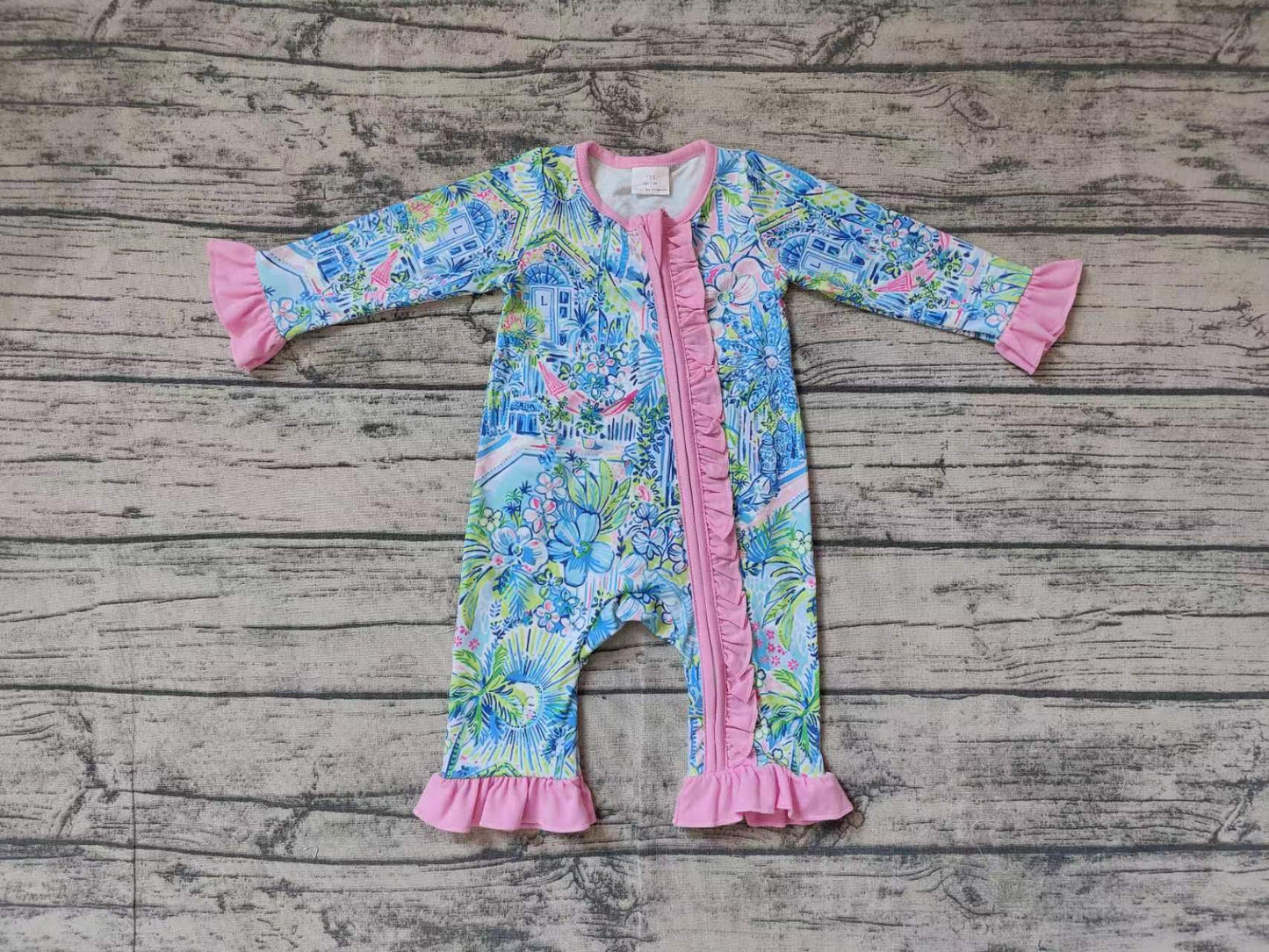 no moq sales LR1339 baby girls clothes blue pattern long Sleeve Romper