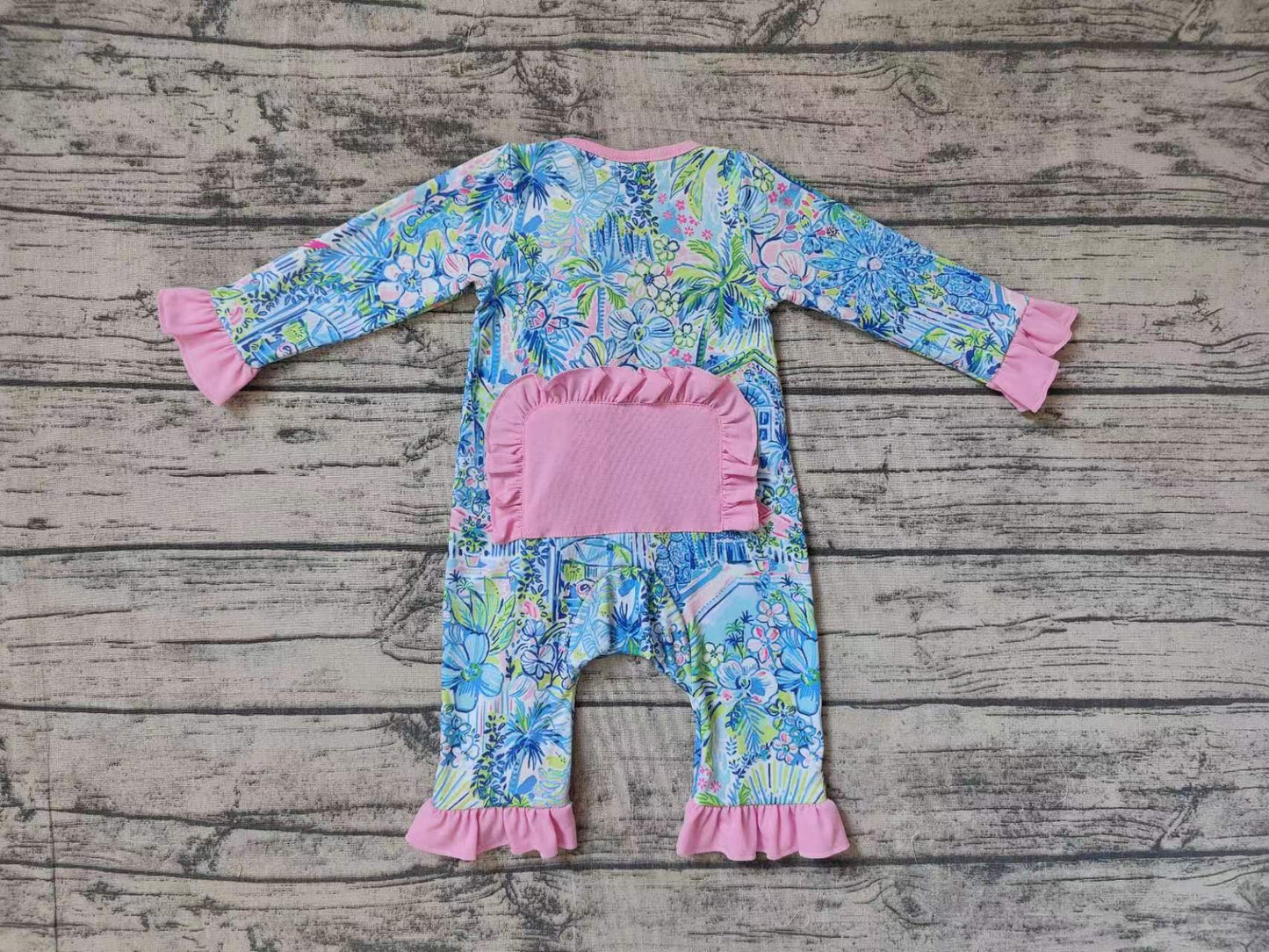 no moq sales LR1339 baby girls clothes blue pattern long Sleeve Romper