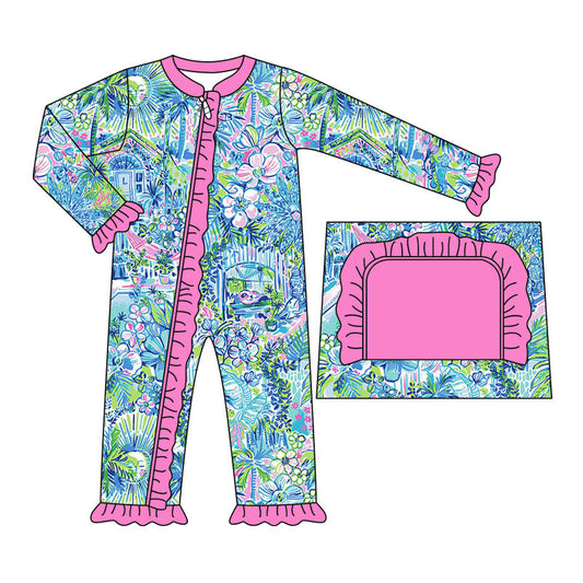 no moq sales LR1339 baby girls clothes blue pattern long Sleeve Romper-2024.7.23