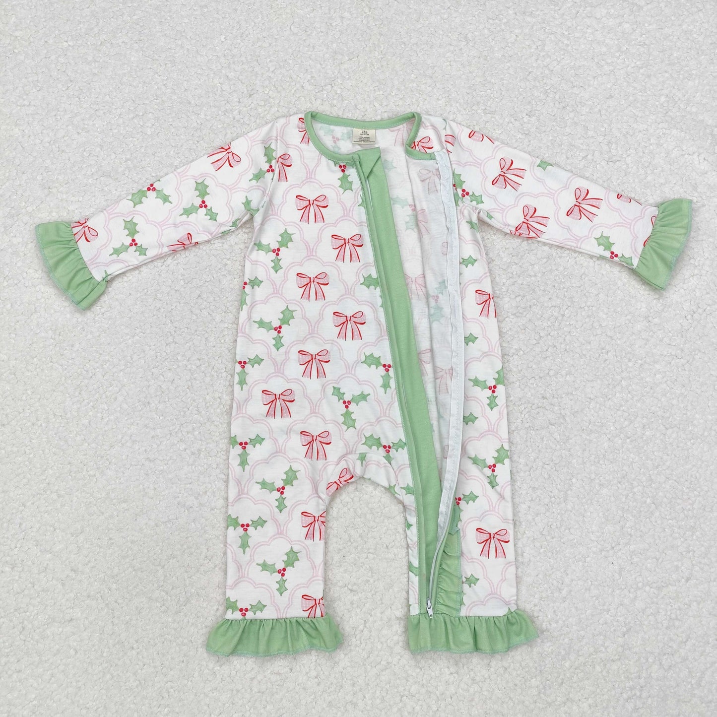 BAMBOO RTS NO MOQ ETA 5/7days Arrived LR1344 Modal pink bow pattern leaves green lace white zipper long sleeve jumpsuit