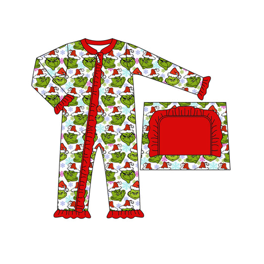 no moq sales LR1346 baby girls clothes Christmas green long Sleeve Romper-2024.7.23