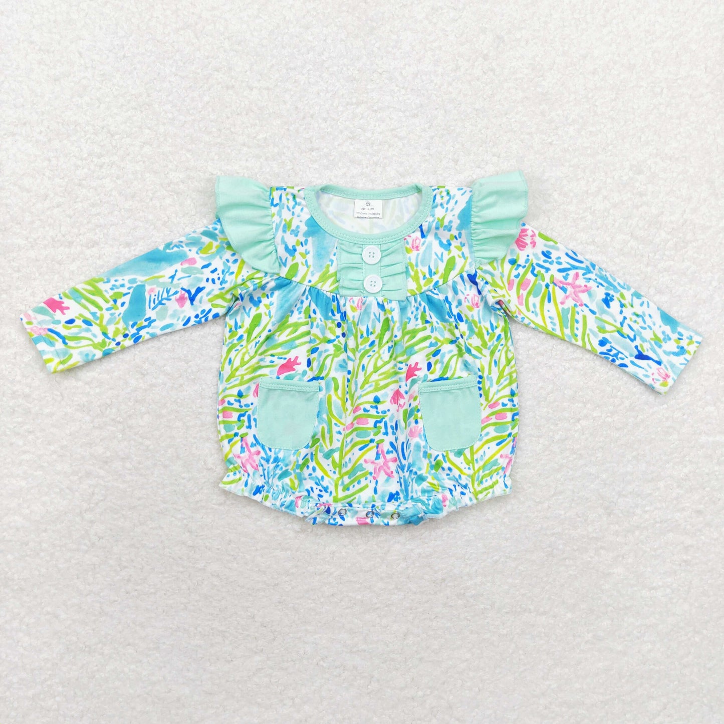 rts no moq LR1353 Seagrass Blue Green Pocket Lace Long Sleeve Bodysuit