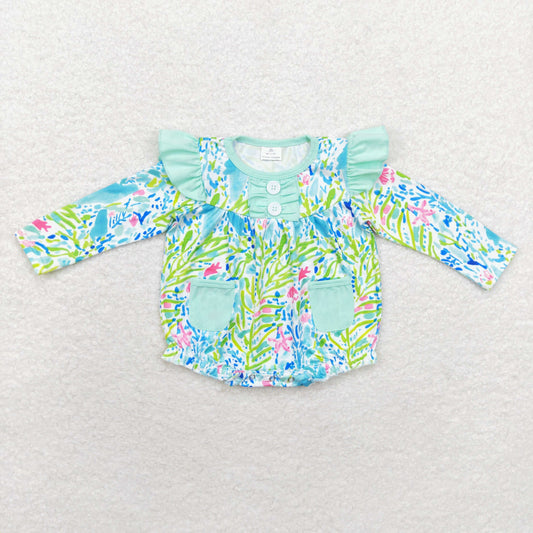 rts no moq LR1353 Seagrass Blue Green Pocket Lace Long Sleeve Bodysuit