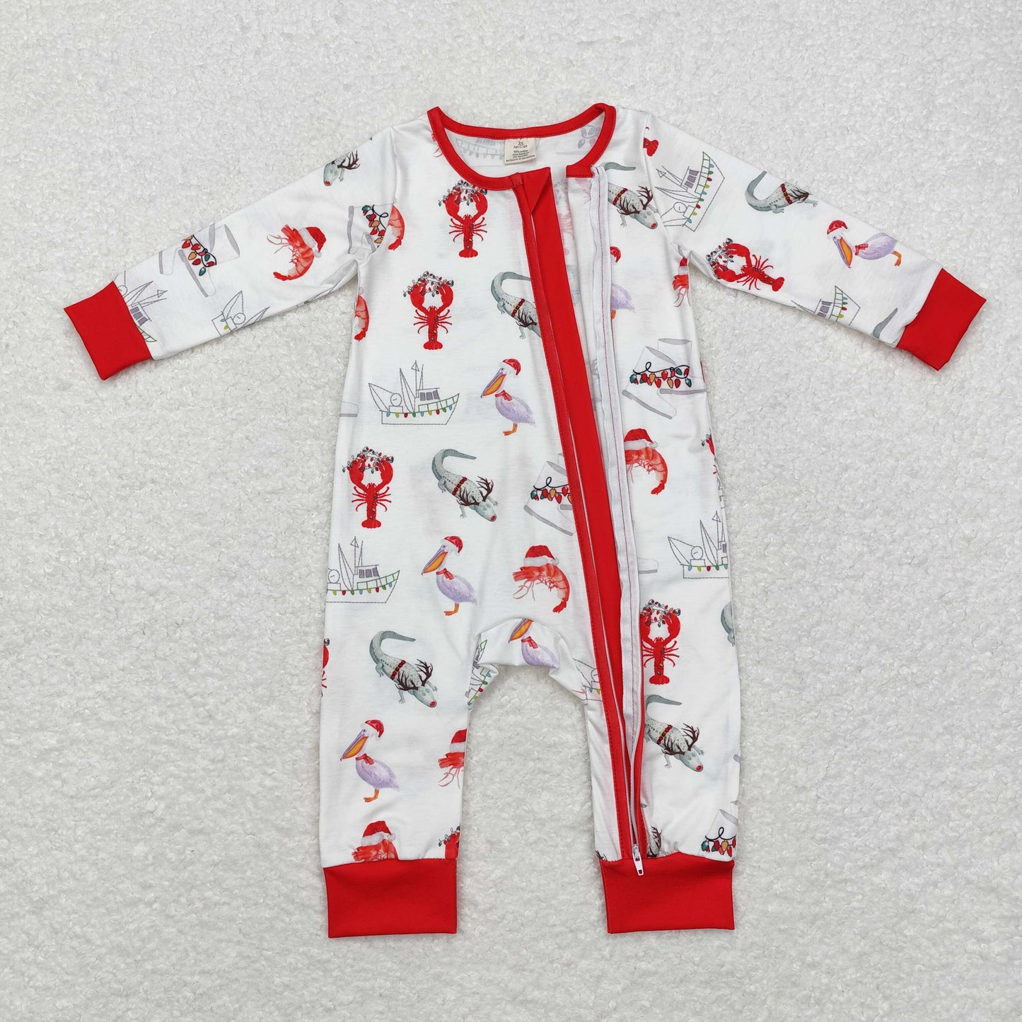 bamboo rts no moq LR1399 Modal ship crayfish crocodile red and white zipper long-sleeved jumpsuit