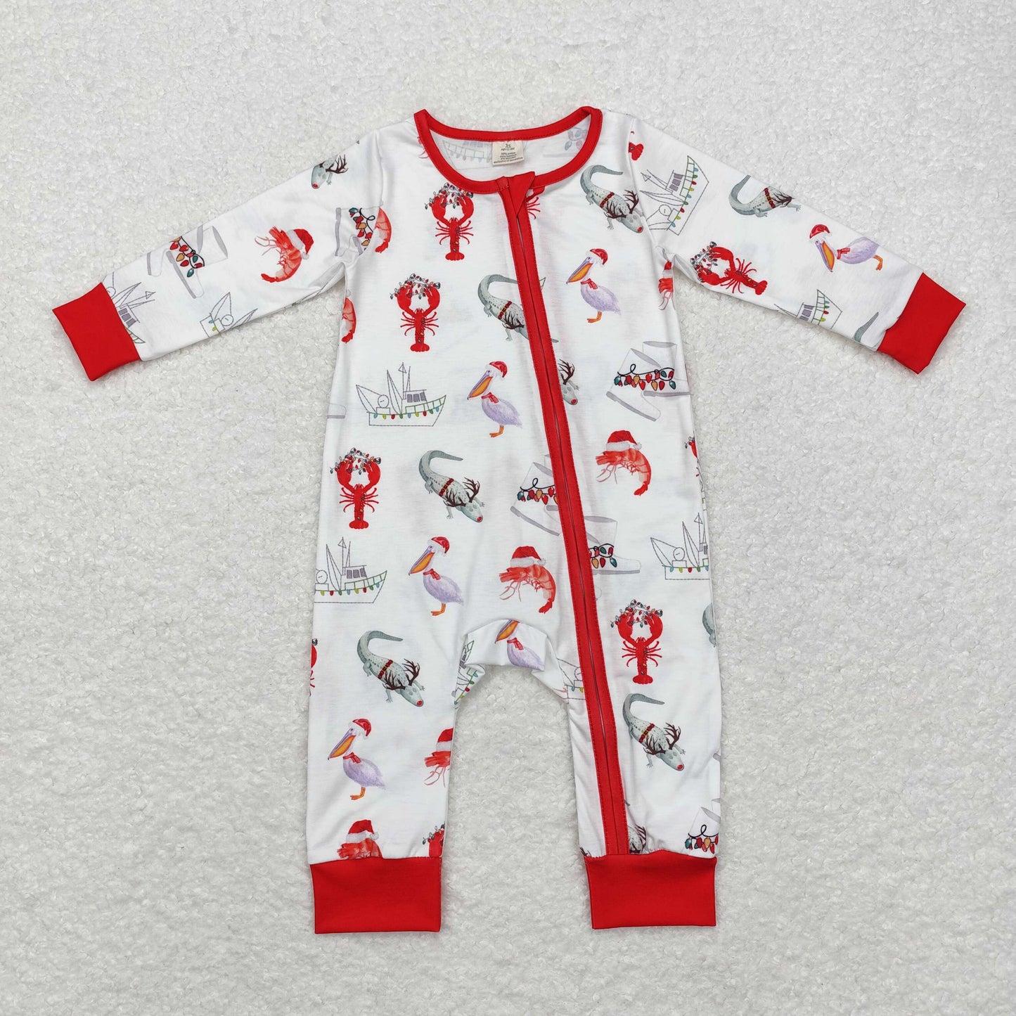 bamboo rts no moq LR1399 Modal ship crayfish crocodile red and white zipper long-sleeved jumpsuit