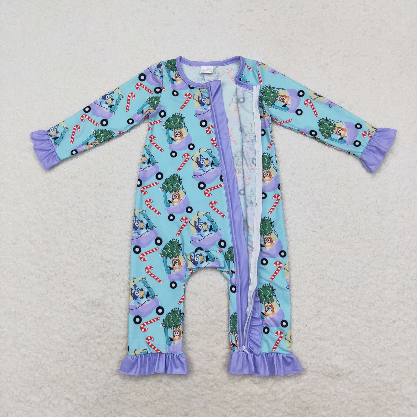 bamboo rts no moq LR1419 bluey Modal Christmas tree cart cane purple lace blue zipper long sleeve jumpsuit