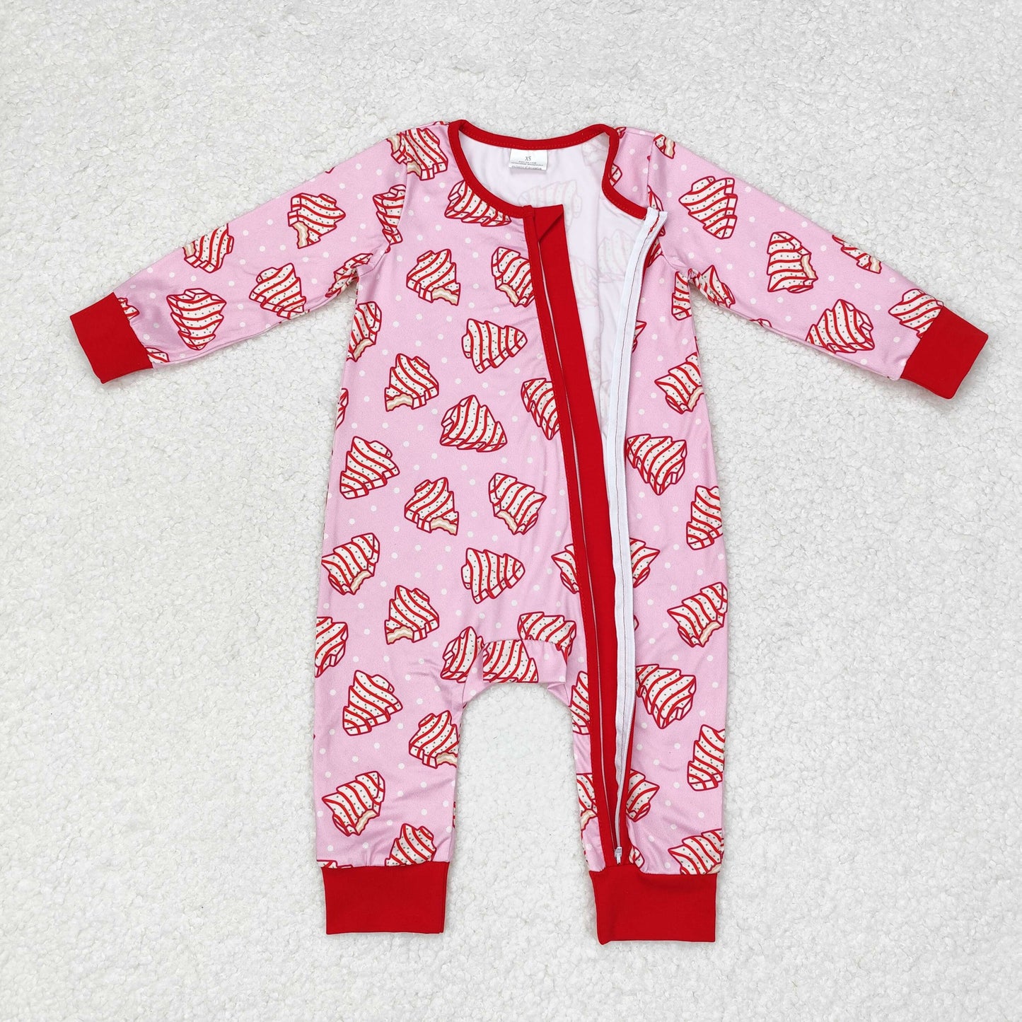 rts no moq LR1428 New Christmas Tree Cookie Polka Dot Pink Zipper Long Sleeve Bodysuit