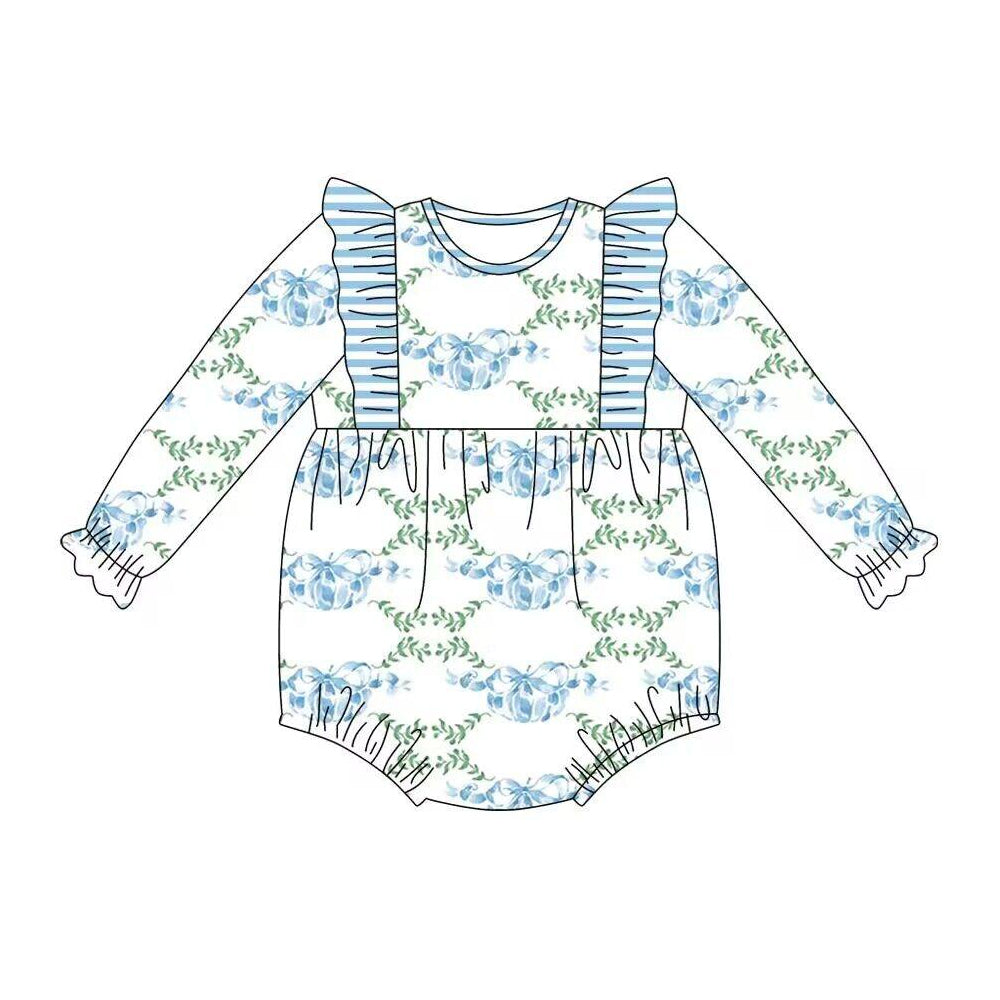 no moq sales LR1430 baby girls clothes bow blue long Sleeve Romper-2024.8.1