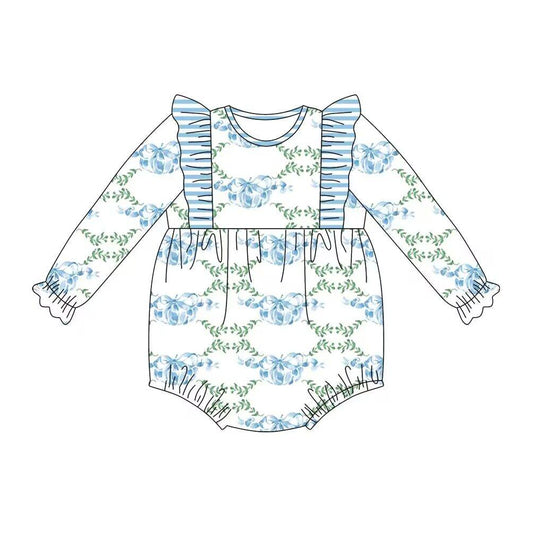 no moq sales LR1430 baby girls clothes bow blue long Sleeve Romper-2024.8.1