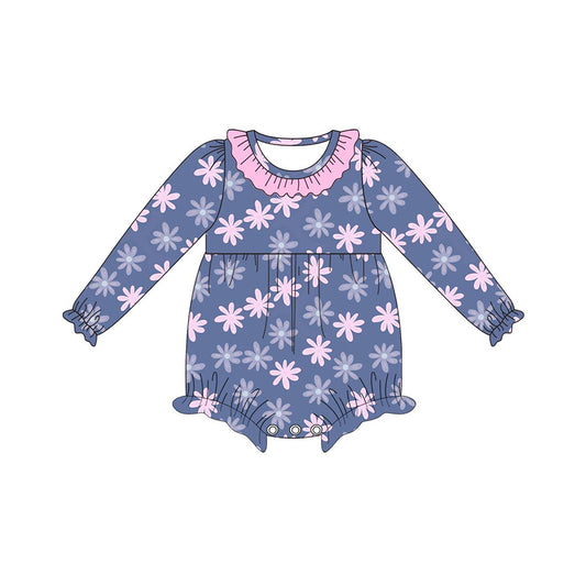 no moq sales LR1432 baby girls clothes floral navy blue long Sleeve Romper-2024.8.2