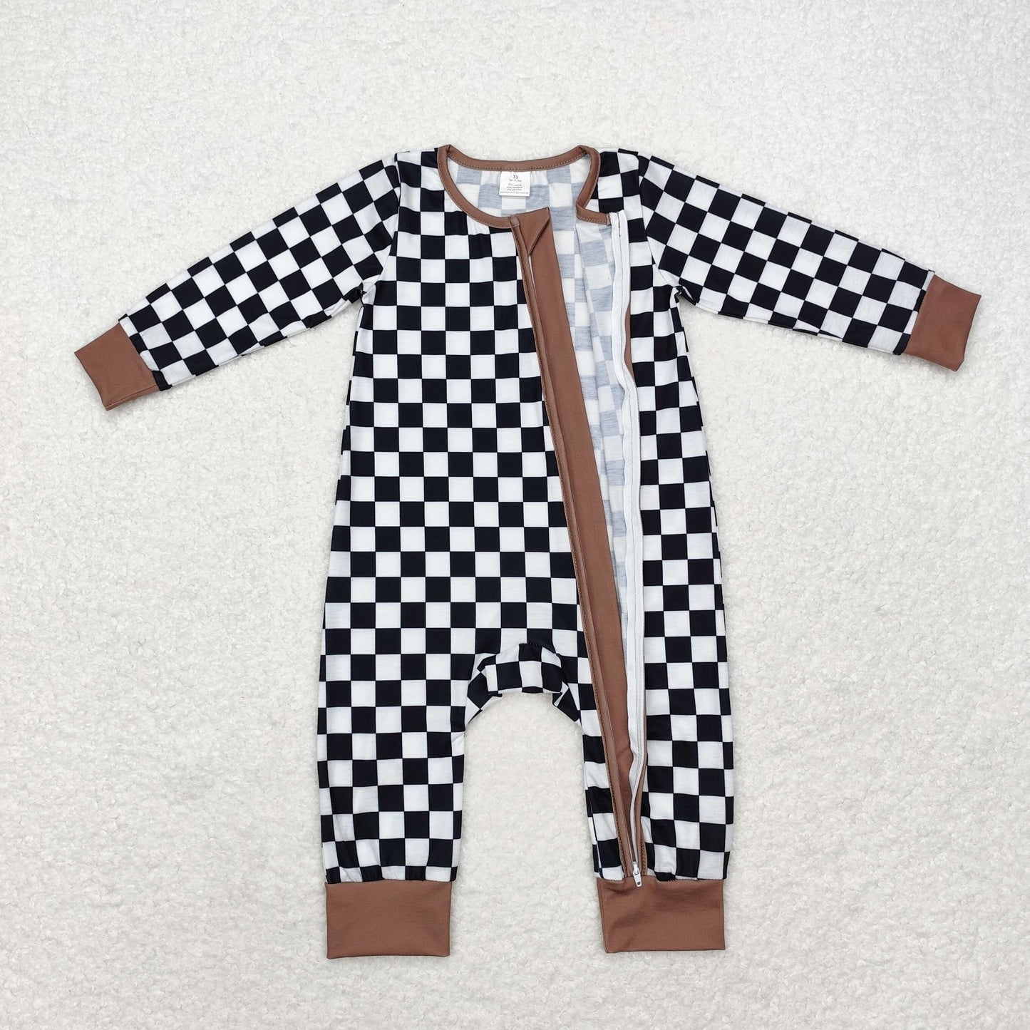 bamboo rts no moq LR1436 Modal black and white plaid brown edge zipper long-sleeved jumpsuit