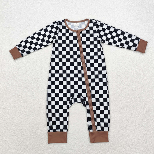 bamboo rts no moq LR1436 Modal black and white plaid brown edge zipper long-sleeved jumpsuit