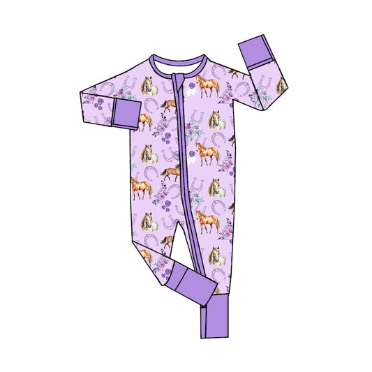 no moq sales LR1445 baby girls clothes horse floral light purple long Sleeve Romper-2024.8.3