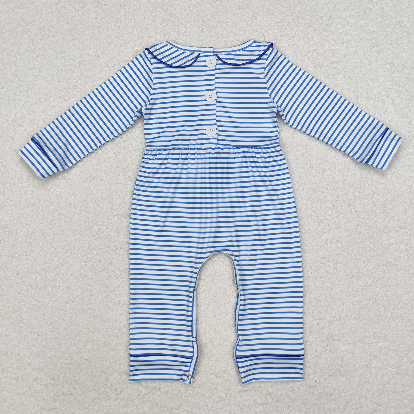 RTS NO MOQ ETA 5/7days Arrived LR1447 Boys embroidered puppy striped doll collar blue and white long-sleeved jumpsuit