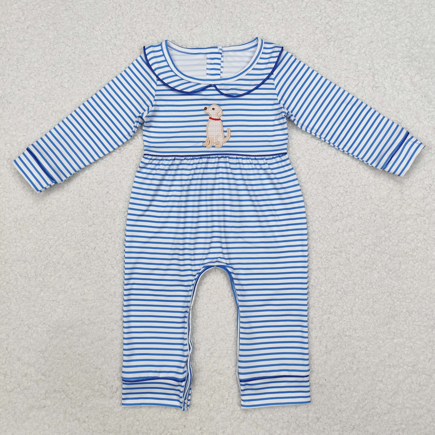 RTS NO MOQ ETA 5/7days Arrived LR1447 Boys embroidered puppy striped doll collar blue and white long-sleeved jumpsuit