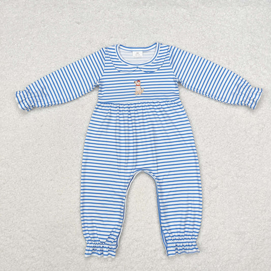 RTS NO MOQ ETA 5/7days Arrived LR1448 Embroidery girl puppy striped doll collar blue and white long sleeve jumpsuit