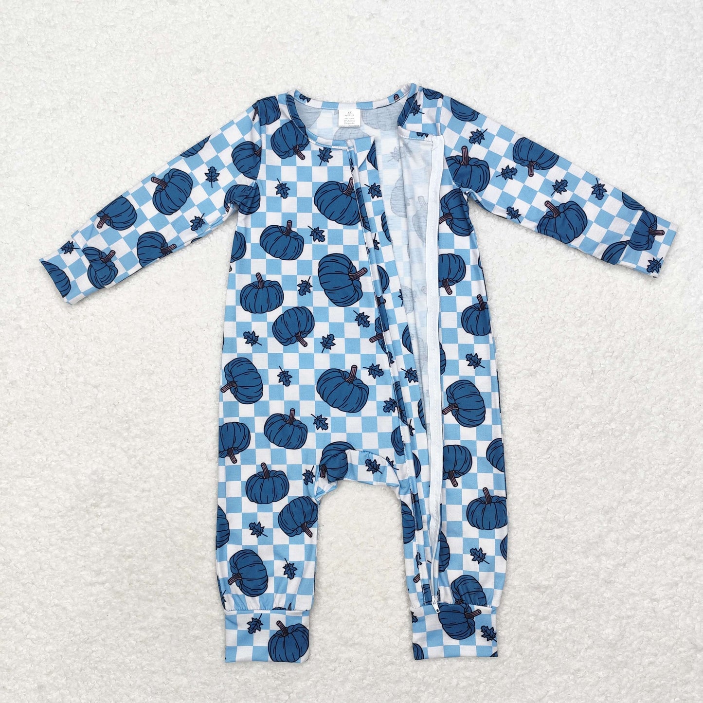 bamboo rts no moq LR1457 Modal blue pumpkin leaf plaid zipper long sleeve jumpsuit