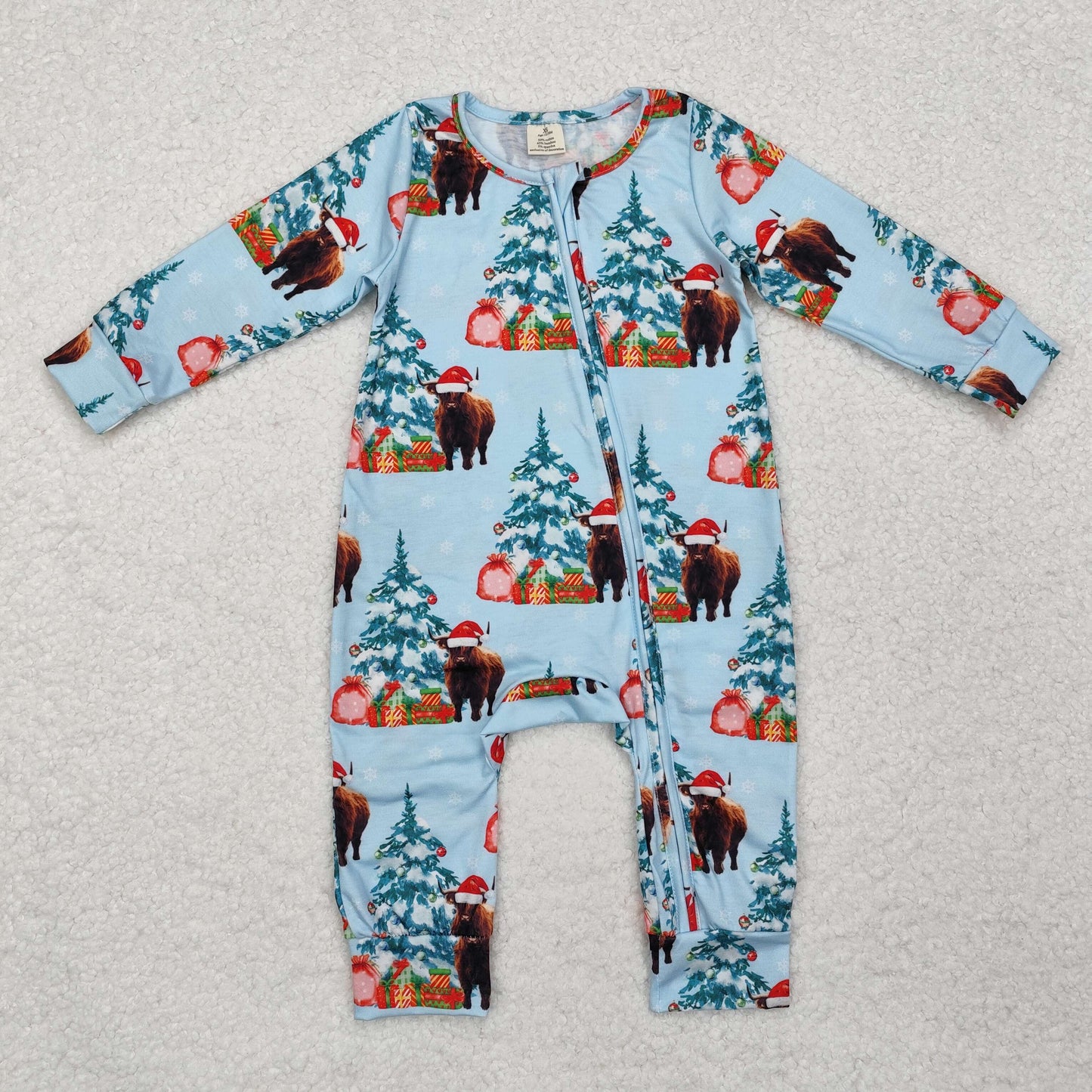 BAMBOO RTS NO MOQ ETA 5/7days Arrived LR1459 Modal Alpine bull head Christmas tree gift blue zipper long-sleeved jumpsuit