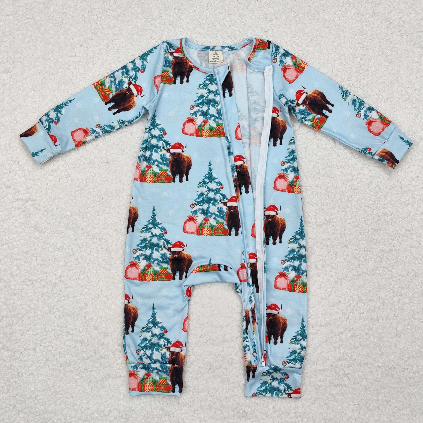 BAMBOO RTS NO MOQ ETA 5/7days Arrived LR1459 Modal Alpine bull head Christmas tree gift blue zipper long-sleeved jumpsuit