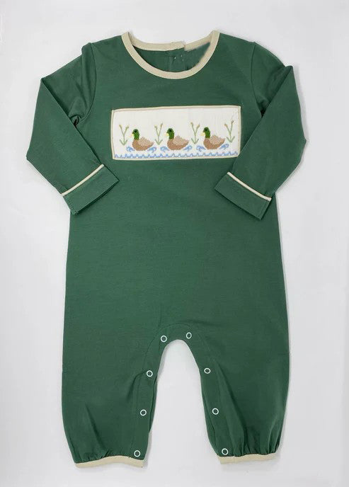 no moq sales LR1465 pre-order baby boys clothes embroidery duck green long Sleeve Romper