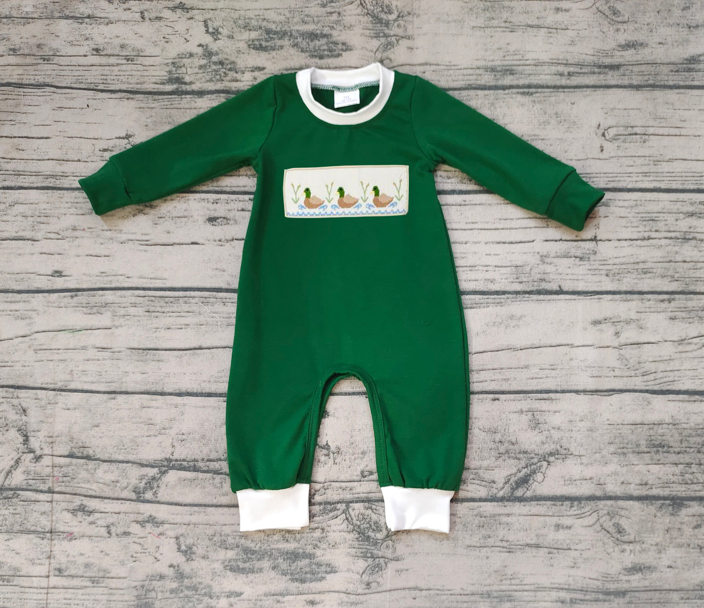 no moq sales LR1465 pre-order baby boys clothes embroidery duck green long Sleeve Romper