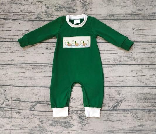 no moq sales LR1465 pre-order baby boys clothes embroidery duck green long Sleeve Romper