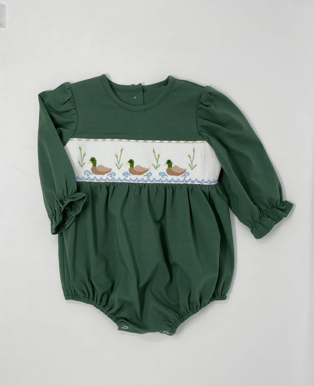 no moq sales LR1466 pre-order baby girls clothes embroidery duck green long Sleeve Romper