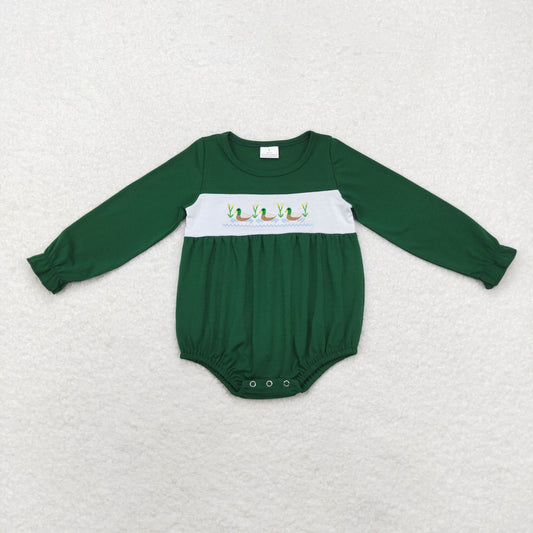 rts no moq LR1466 Embroidered girl duck green long-sleeved jumpsuit