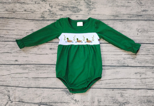 no moq sales LR1466 pre-order baby girls clothes embroidery duck green long Sleeve Romper