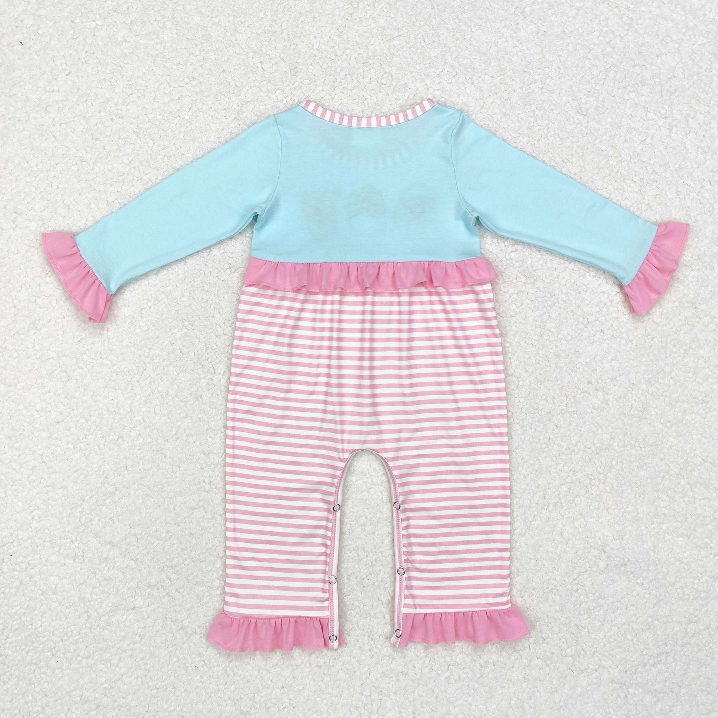 RTS NO MOQ ETA 5/7days LR1476 Embroidered Santa Claus reindeer pink lace striped blue long-sleeved jumpsuit