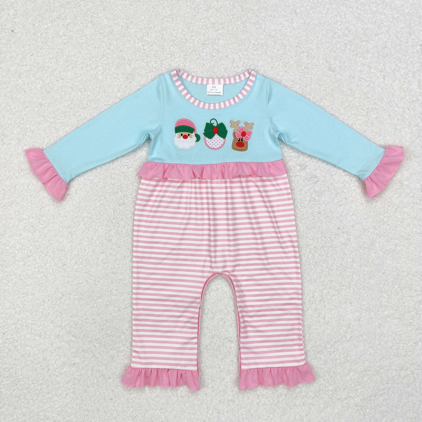 RTS NO MOQ ETA 5/7days LR1476 Embroidered Santa Claus reindeer pink lace striped blue long-sleeved jumpsuit