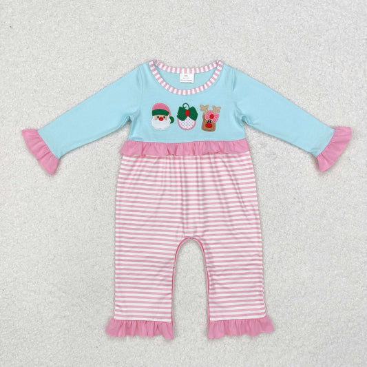 RTS NO MOQ ETA 5/7days LR1476 Embroidered Santa Claus reindeer pink lace striped blue long-sleeved jumpsuit