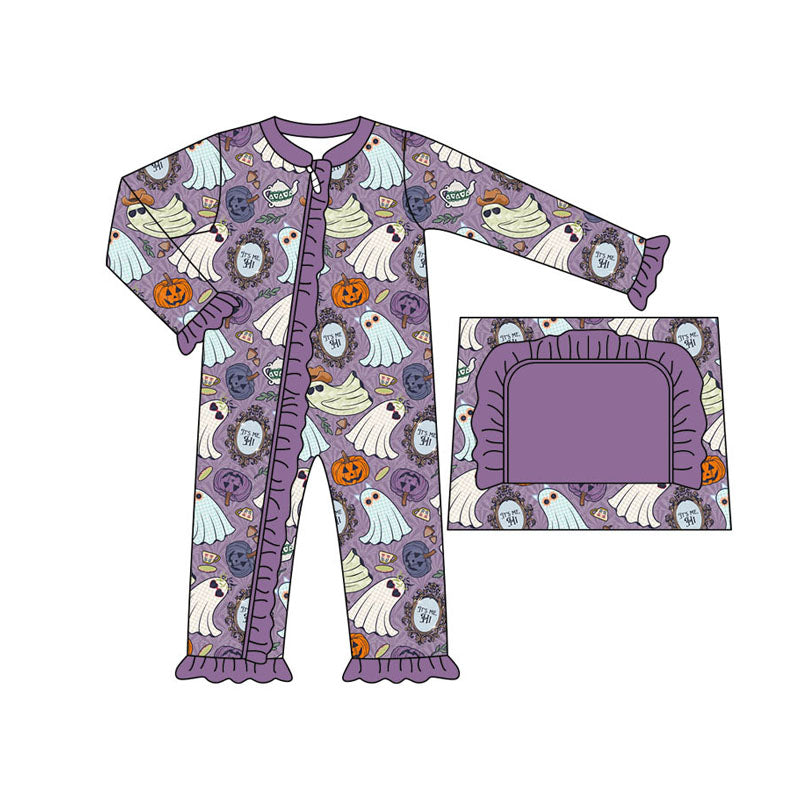 no moq sales LR1486 pre-order baby girls clothes pumpkin ghost purple long Sleeve Romper-2024.8.7