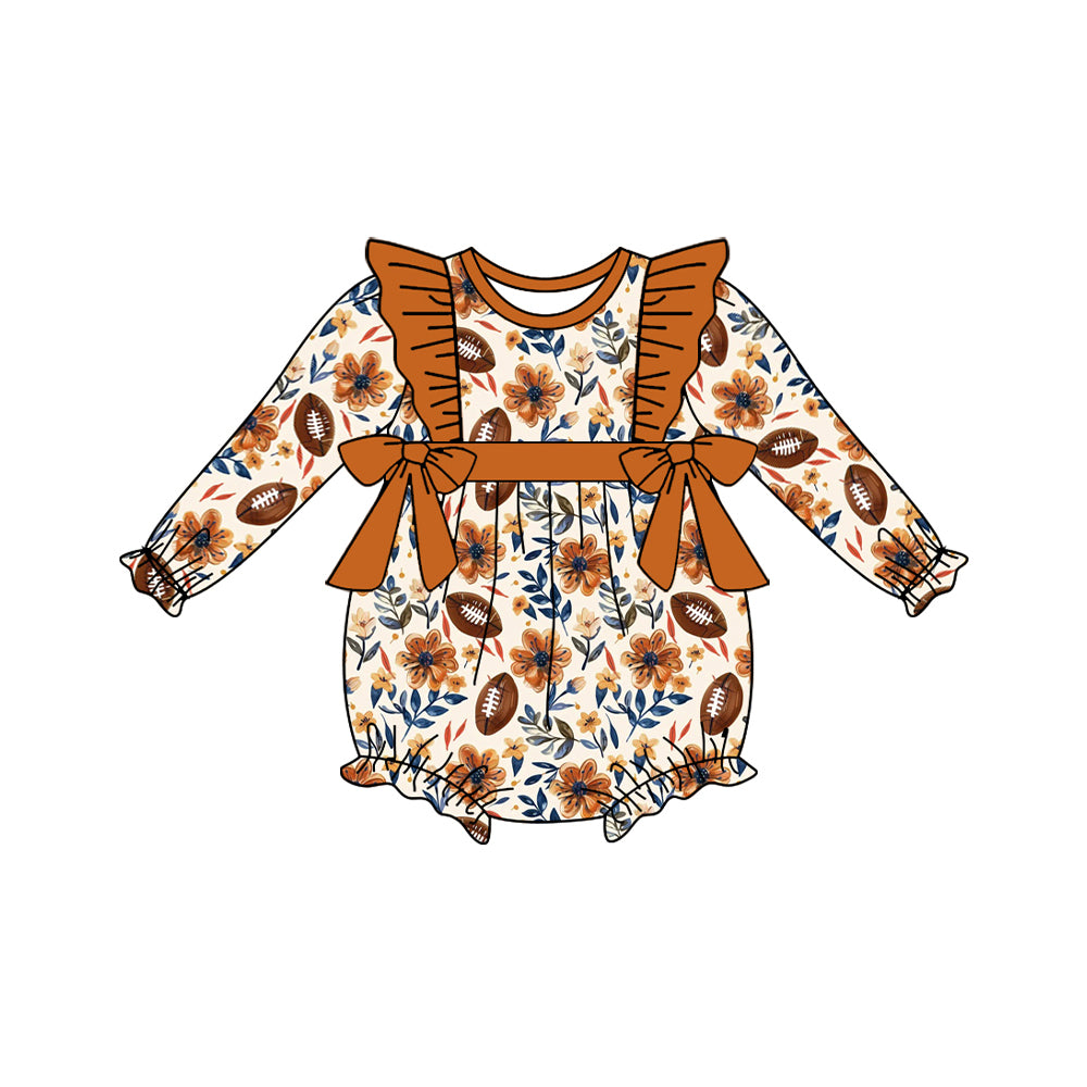 no moq sales LR1490 pre-order baby girls clothes rugby floral brown long Sleeve Romper-2024.8.8