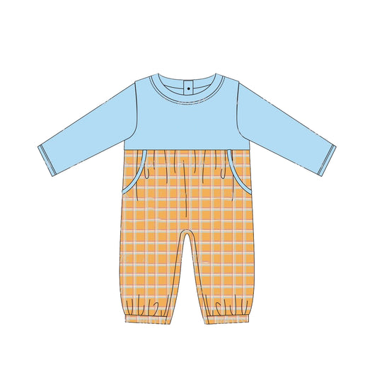 no moq sales LR1495 pre-order baby boys clothes blue and orange long sleeve Romper-2024.8.9