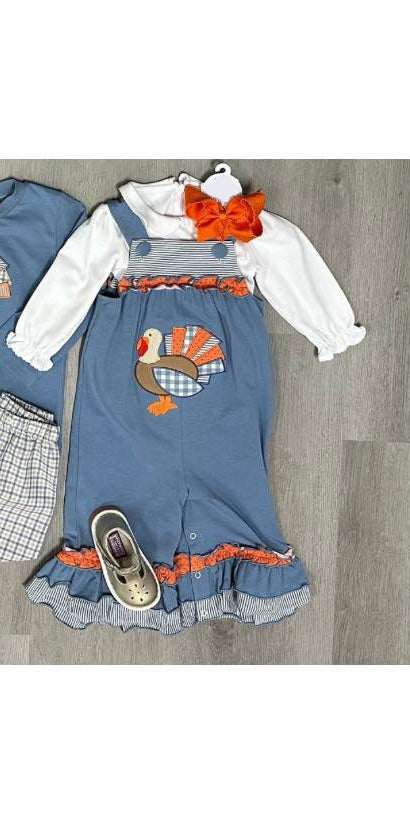 NO MOQ sales LR1504 pre-order baby girls clothes embroidery turkey navy blue long Sleeve suspender jumpsuit pants Suit