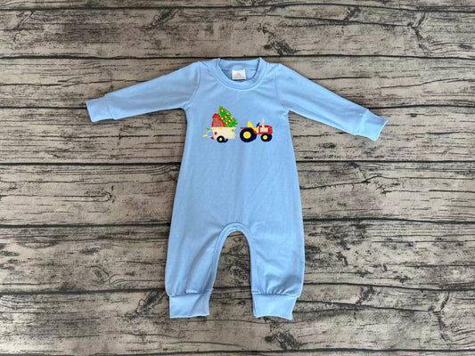 no moq sales LR1508 pre-order baby boys clothes embroidery Christmas blue long sleeve Romper