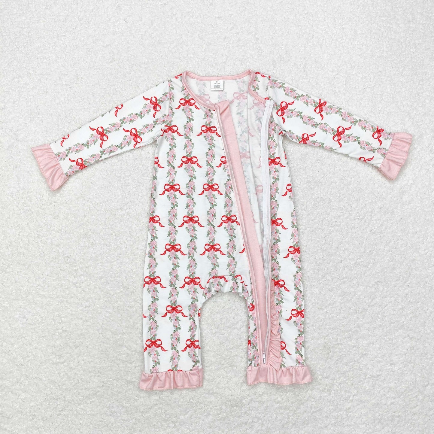 bamboo rts no moq LR1517 Modal flower leaf bow pattern pink lace white zipper long-sleeved jumpsuit