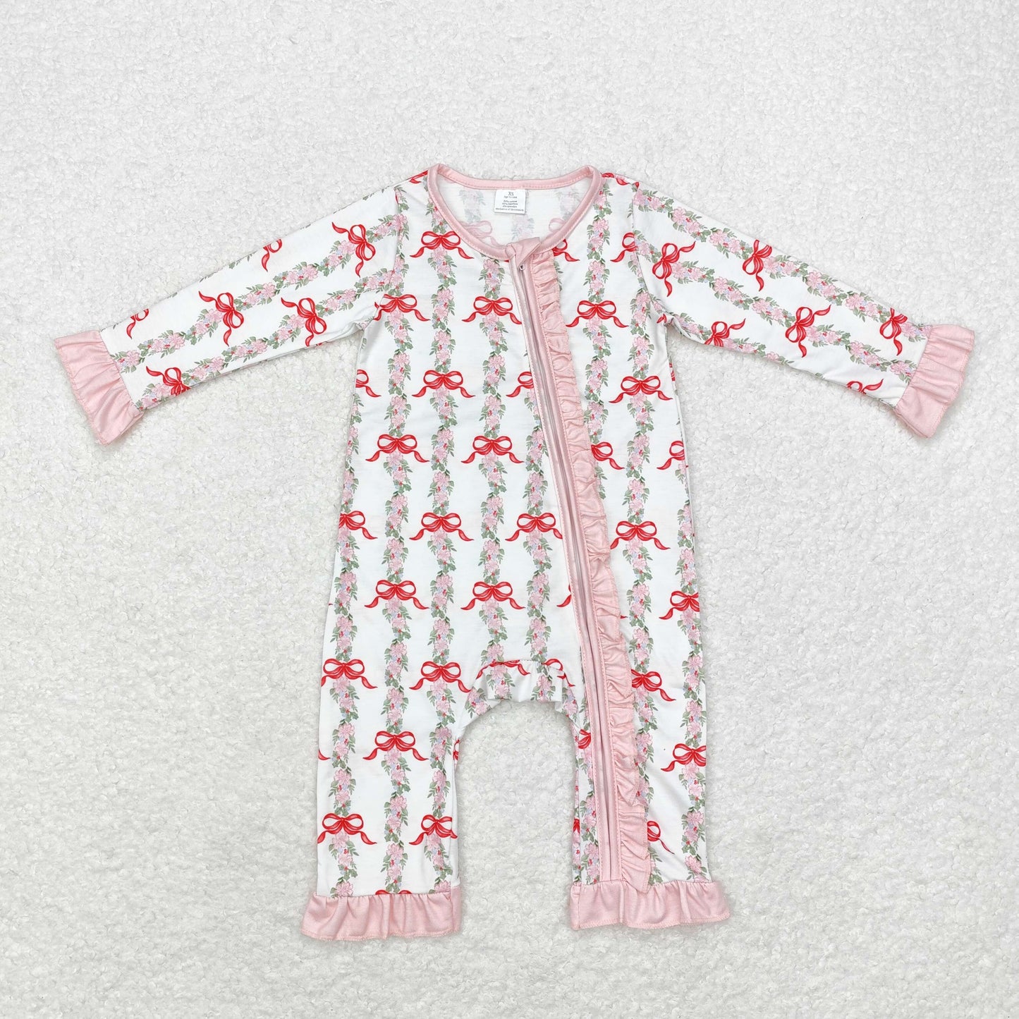 bamboo rts no moq LR1517 Modal flower leaf bow pattern pink lace white zipper long-sleeved jumpsuit