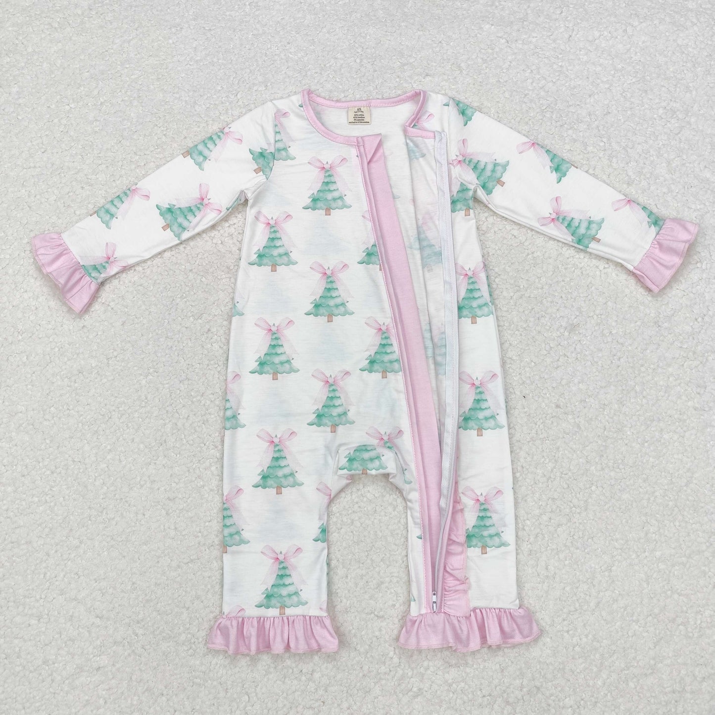 BAMBOO RTS NO MOQ ETA 5/7days LR1518 Modal Christmas tree bow pattern pink lace white zipper long sleeve jumpsuit