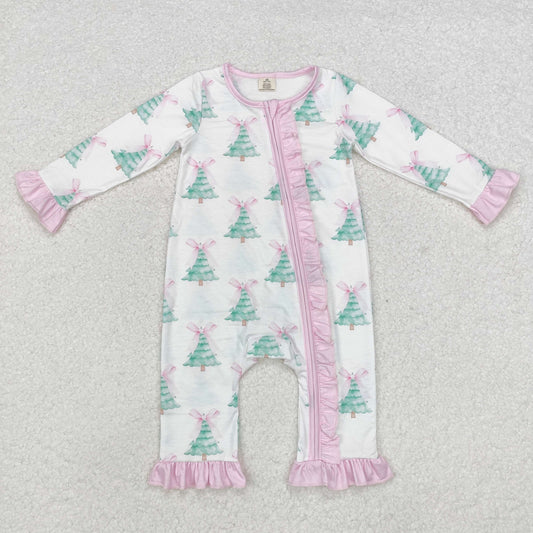 BAMBOO RTS NO MOQ ETA 5/7days LR1518 Modal Christmas tree bow pattern pink lace white zipper long sleeve jumpsuit