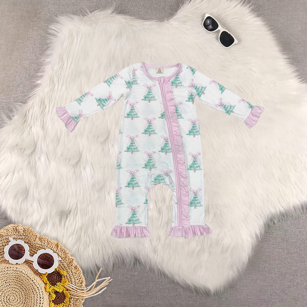 RTS NO MOQ Sibling Baby girls modal Christmas trees bow long-sleeved trousers suit & romper