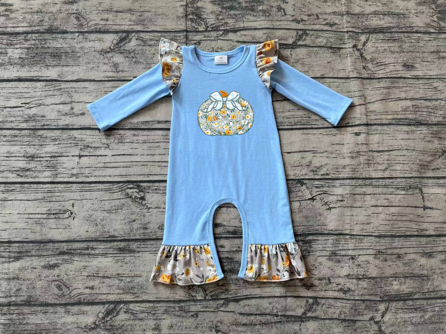 no moq sales LR1529 pre-order baby girl clothes embroidery pumpkin blue long sleeve Romper