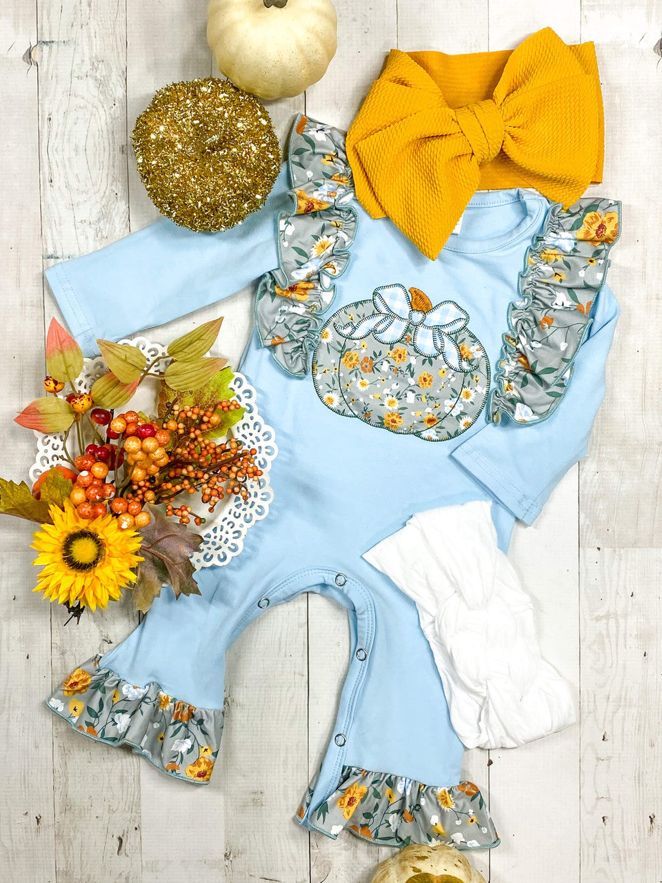 no moq sales LR1529 pre-order baby girl clothes embroidery pumpkin blue long sleeve Romper