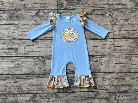 no moq sales LR1529 pre-order baby girl clothes embroidery pumpkin blue long sleeve Romper