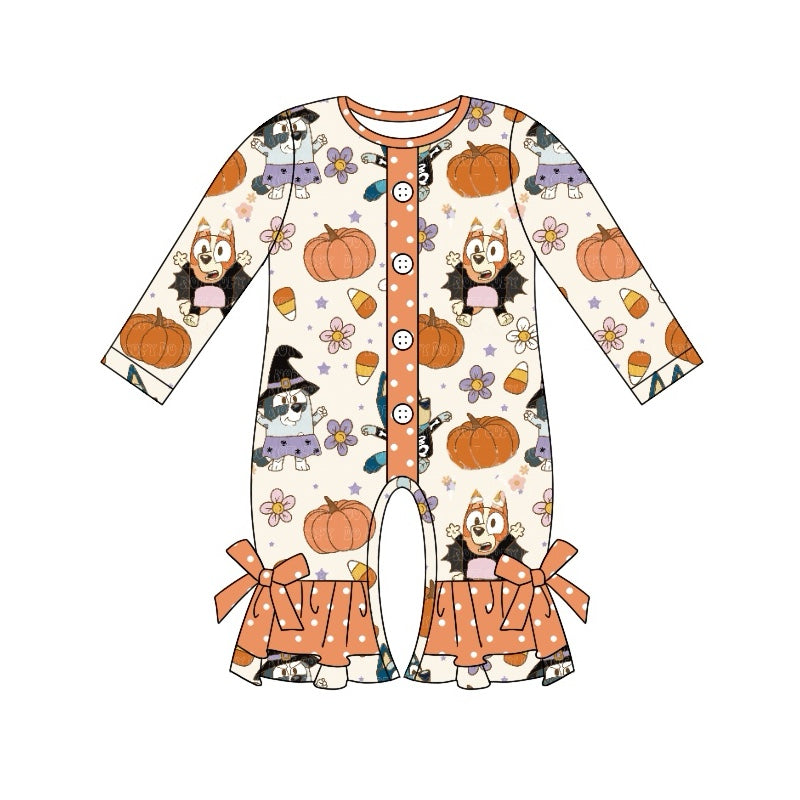 no moq sales LR1541 pre-order baby girl clothes cartoon dog pumpkin orange long sleeve Romper-2024.8.13