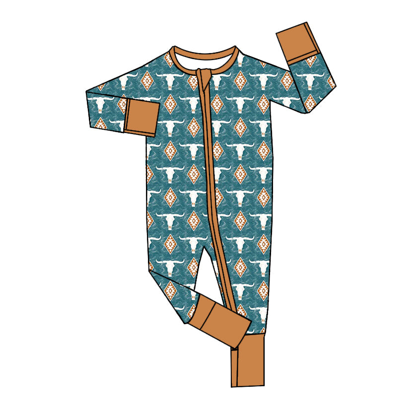 no moq sales LR1549 pre-order baby boys clothes cow head green long Romper-2024.8.14